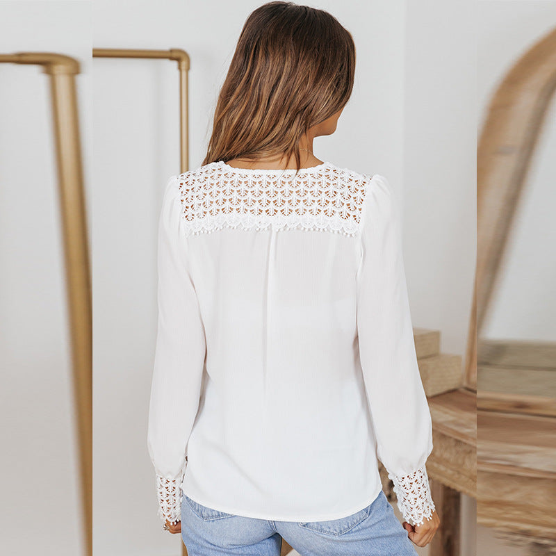 Camisa com decote em V de renda - O Retalho