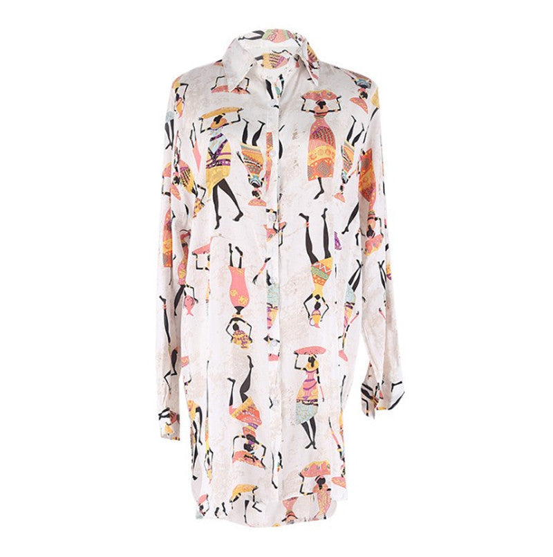 European And American Rayon Cartoon Printed Shirt-style Beach Cover-up - O Retalho