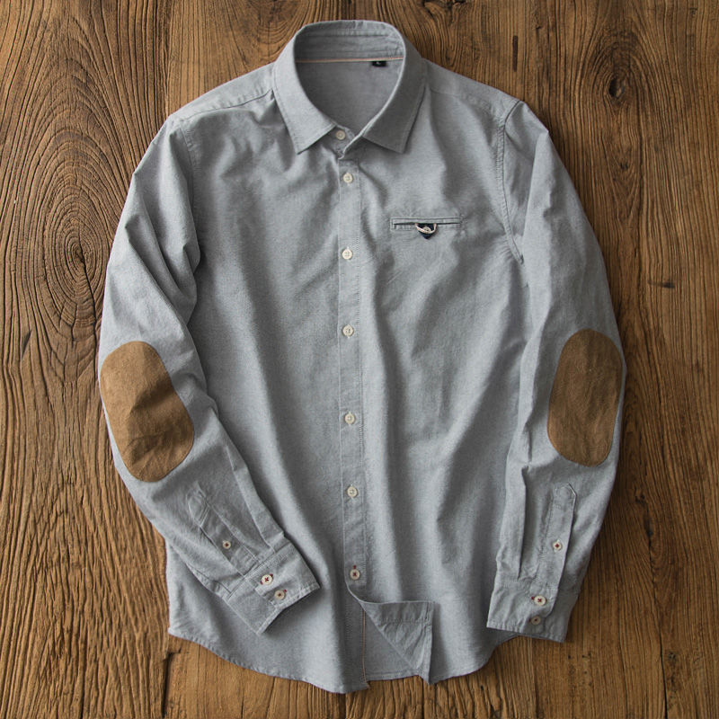 Elbow Patch Long Sleeve Shirt Men's Lapel Japanese-style Retro - O Retalho