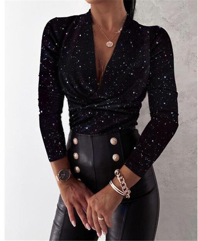 Blusa de manga comprida com decote em V com estampa - O Retalho