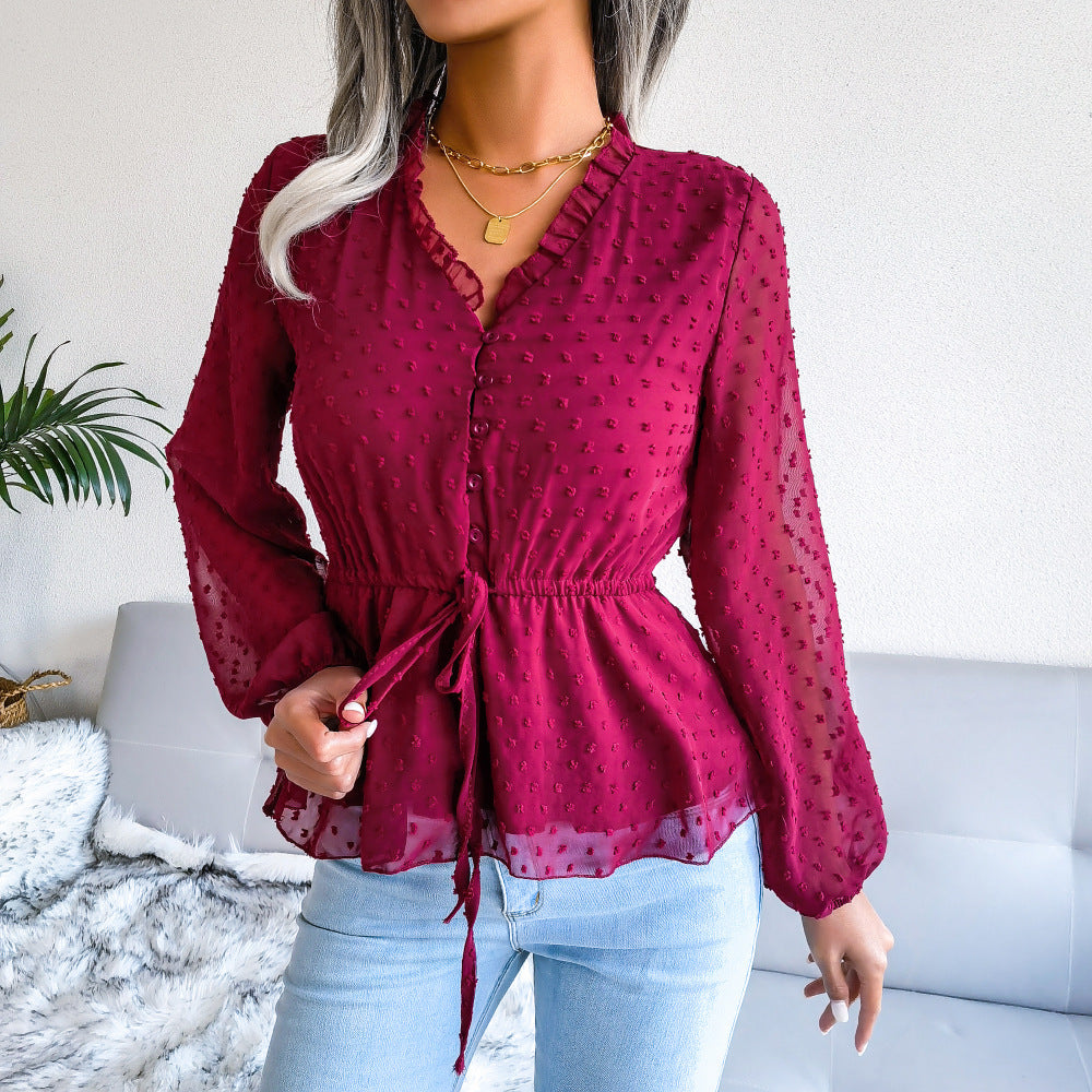 Primavera e Verão Lanterna Manga Longa Ruffled - O Retalho