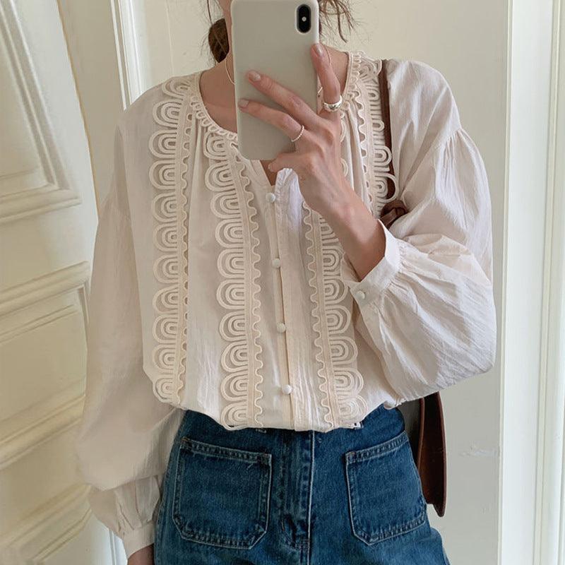 Camisa de Manga Comprida Gola Redonda Costura de Renda - O Retalho
