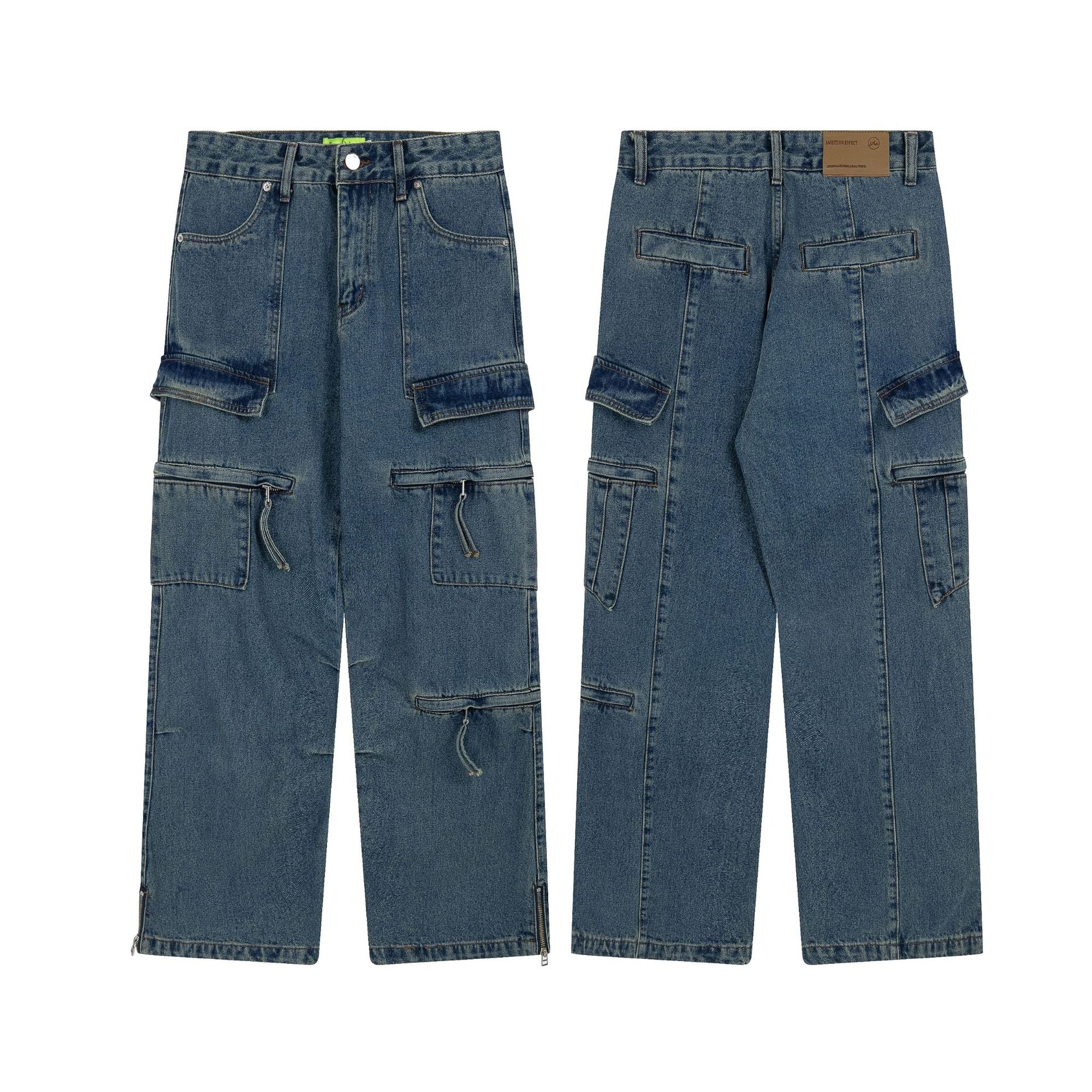 Calças jeans de perna reta com bolso de carga - O Retalho