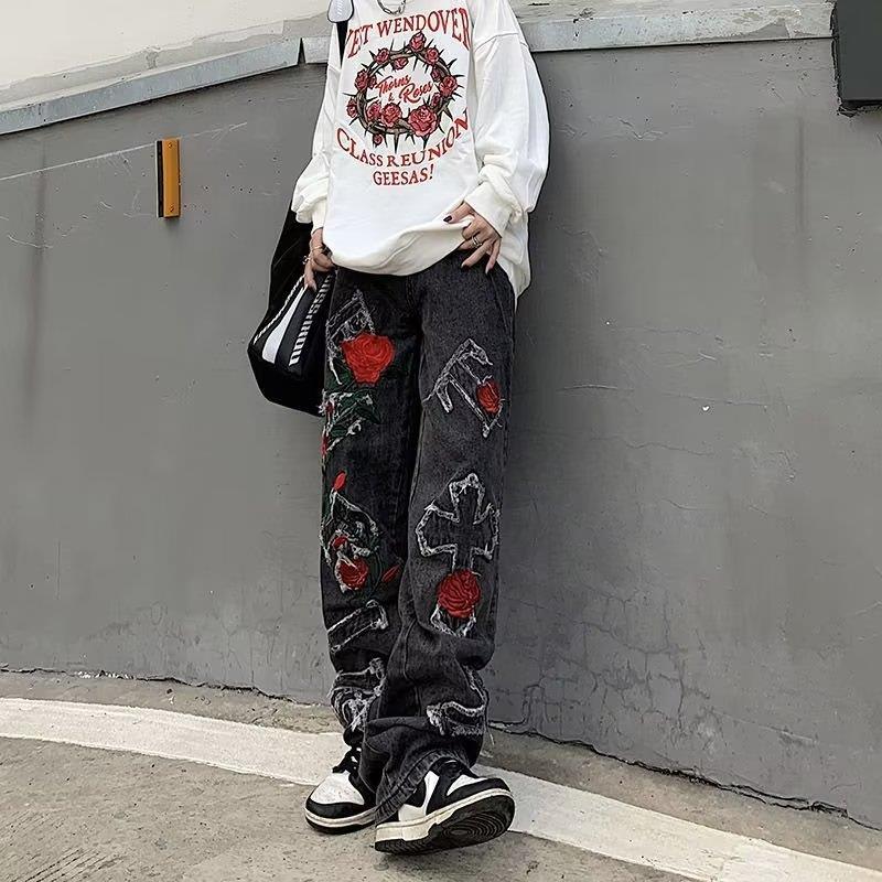 Spring And Autumn Embroidered Korean-style Slim-fit Stretch Jeans - O Retalho