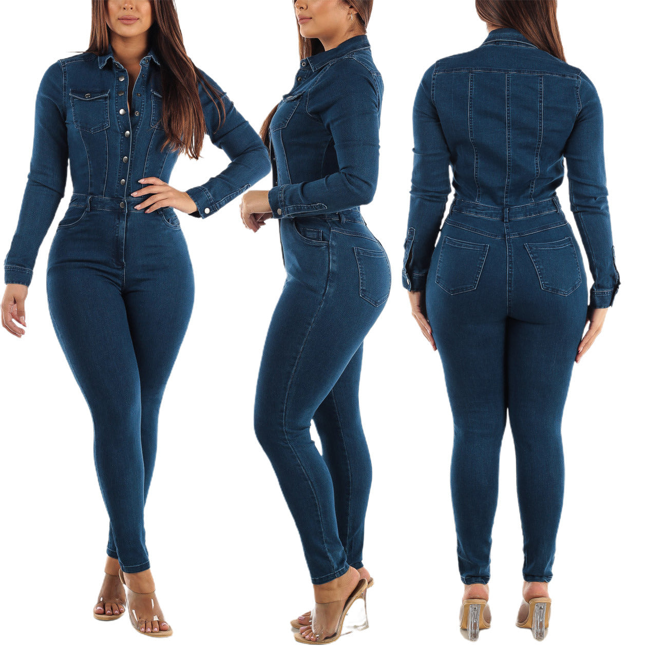 Macacão Jeans Azul escuro com Elástico nos Pés - O Retalho
