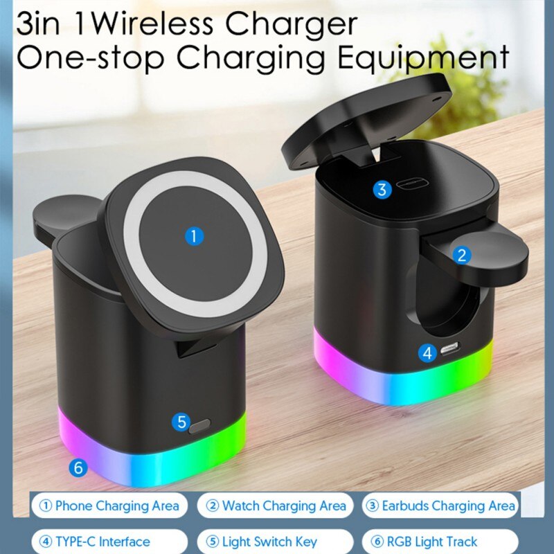 3 In 1 Magnetic Wireless Fast Charger For Smart Phone RGB Ambient Light Charging Station For Airpods IWatch - O Retalho